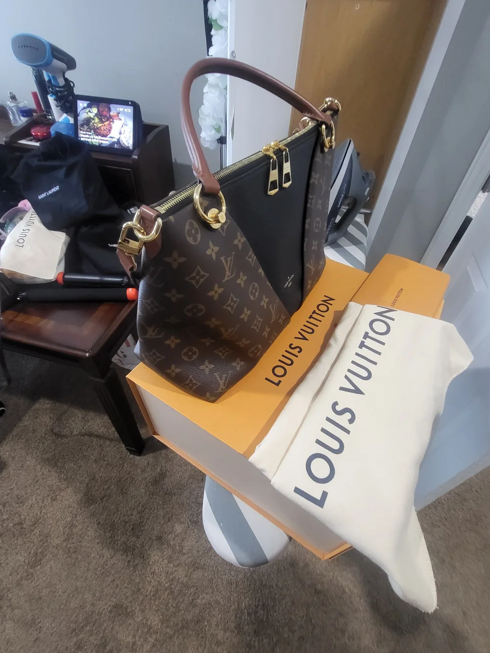 Louis Vuitton Women's Monogram Canvas V-Pattern Tote Bag - Black/Brown